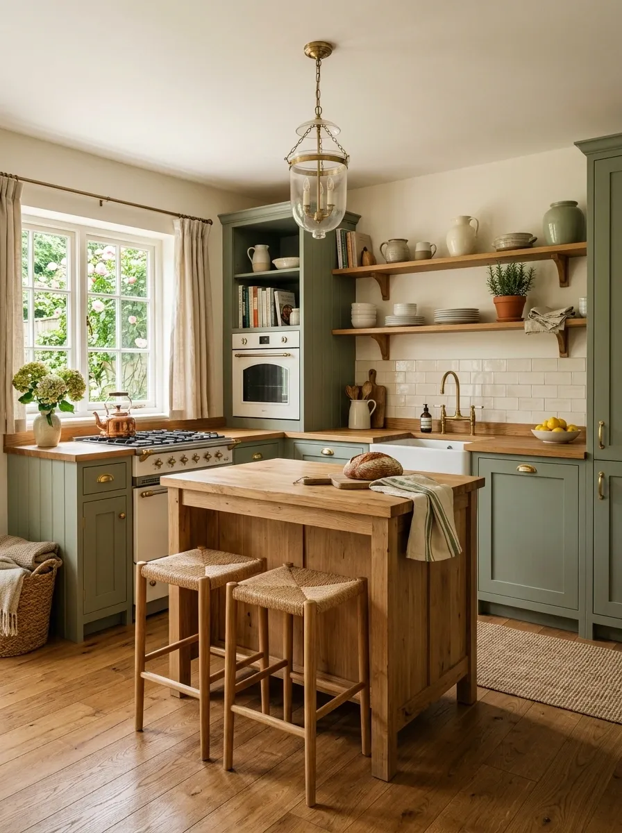 Sage Green Kitchen With Natural Wood Island