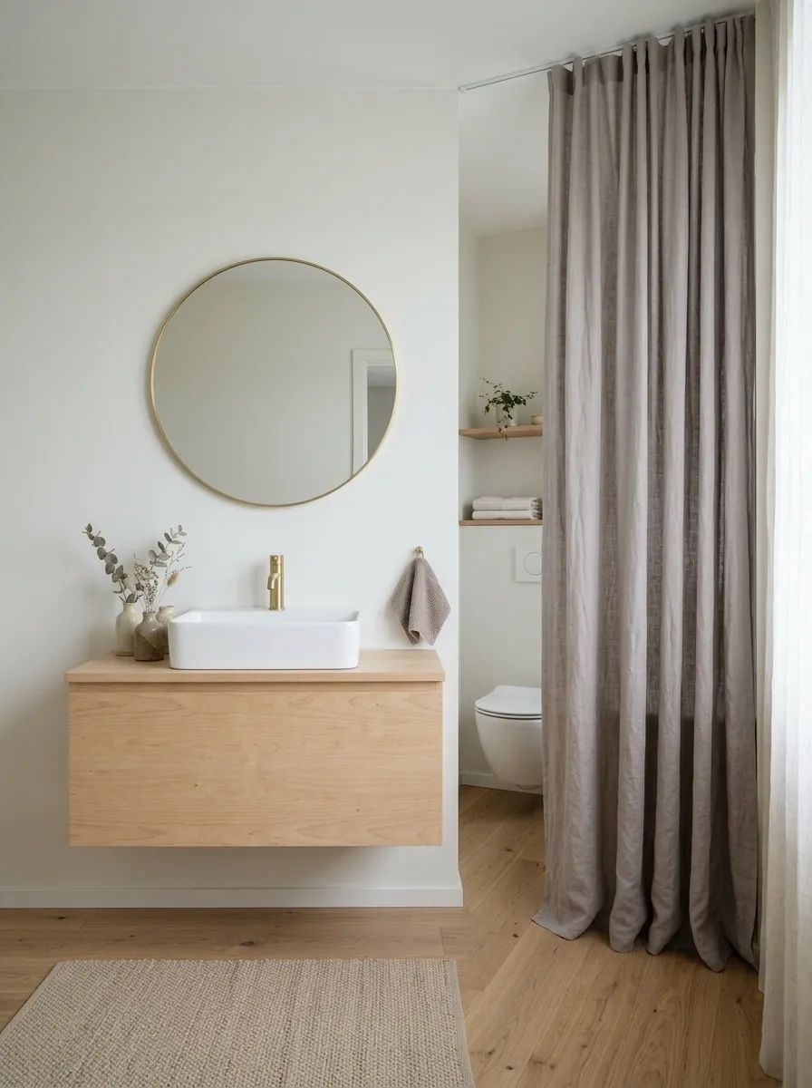 Scandinavian Bathroom With Dusty Taupe Curtain and Birch Wood