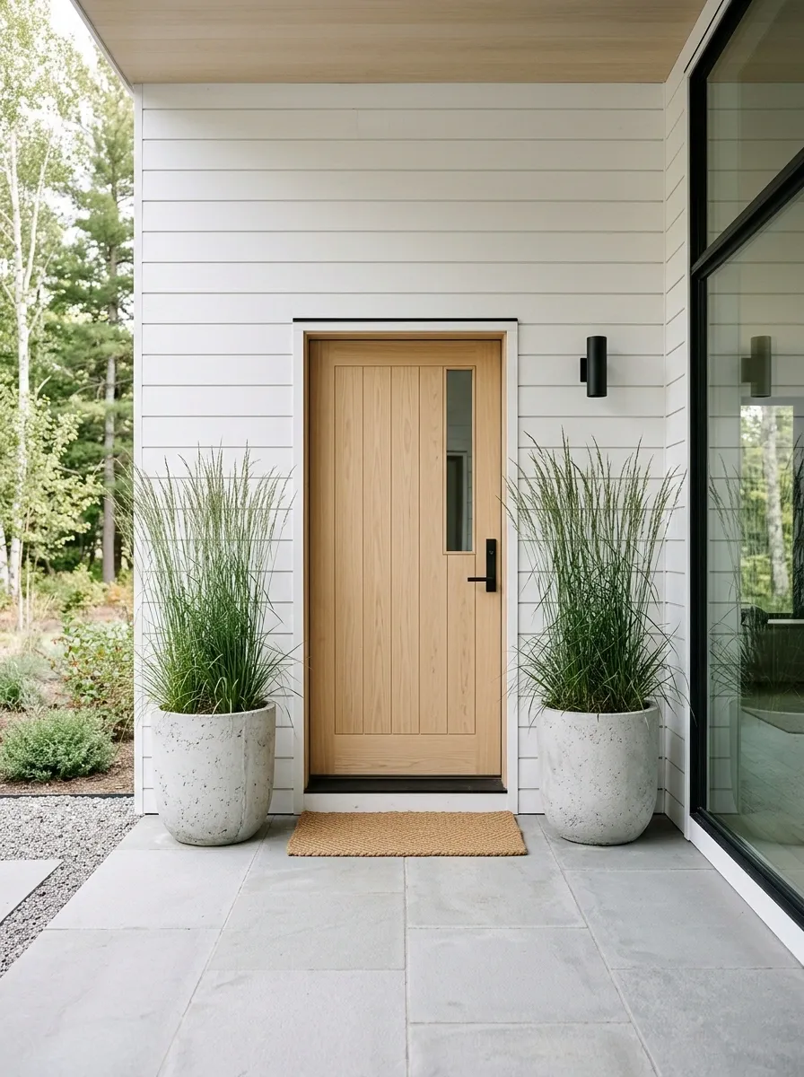 Scandinavian Entry With Pale Concrete Planters