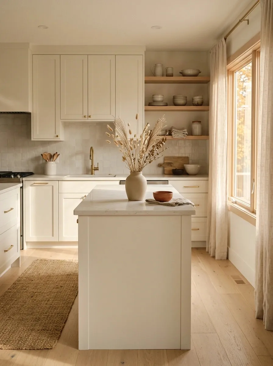 Scandinavian Fall Kitchen With Pale Wood and Soft Terracotta