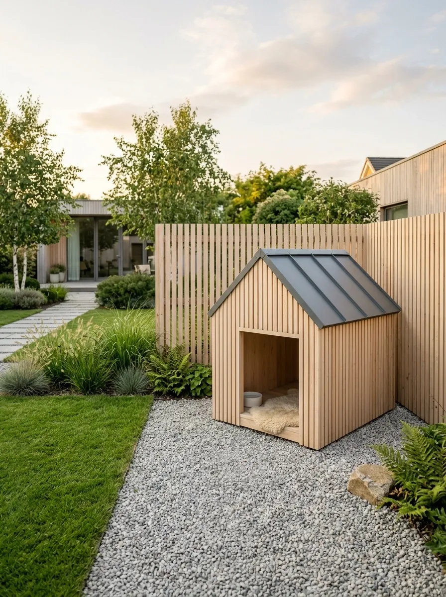 Scandinavian-Inspired Dog Corner With Pale Timber and Gravel