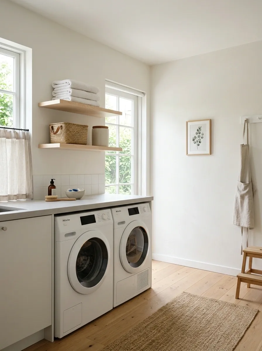 Scandinavian Laundry Room With Floating Birch Shelves