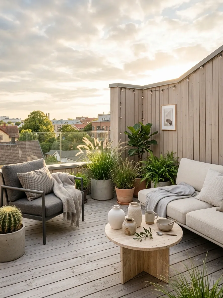 Scandinavian Rooftop With Pale Wood and Soft Greenery