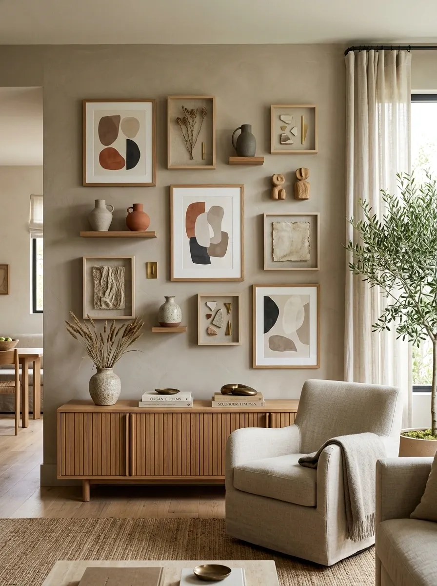 Sculptural Gallery Wall With Ceramics and Shadow Boxes