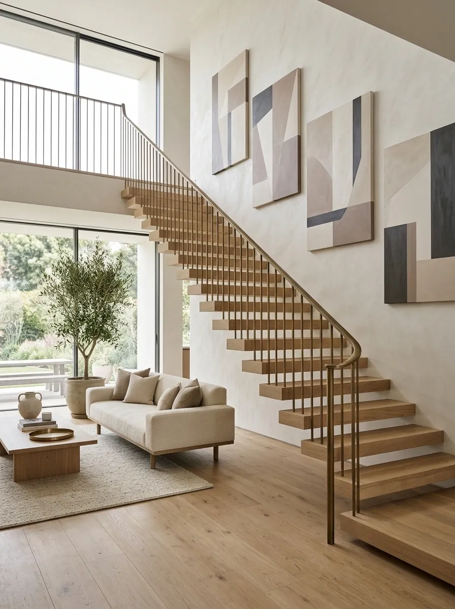 Sculptural Staircase With Floating Art Panels