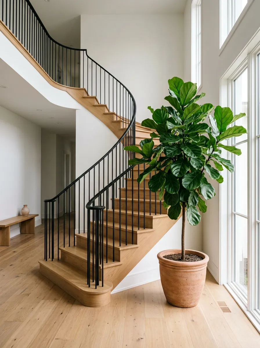 Set A Potted Tree At The Base Of The Staircase