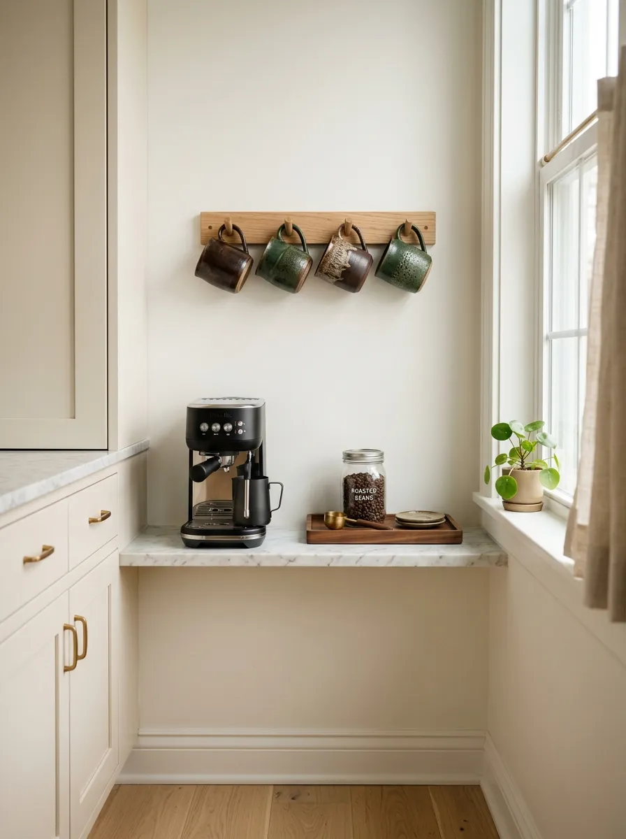 Set Out Dark Stoneware Mugs on an Open Kitchen Rack