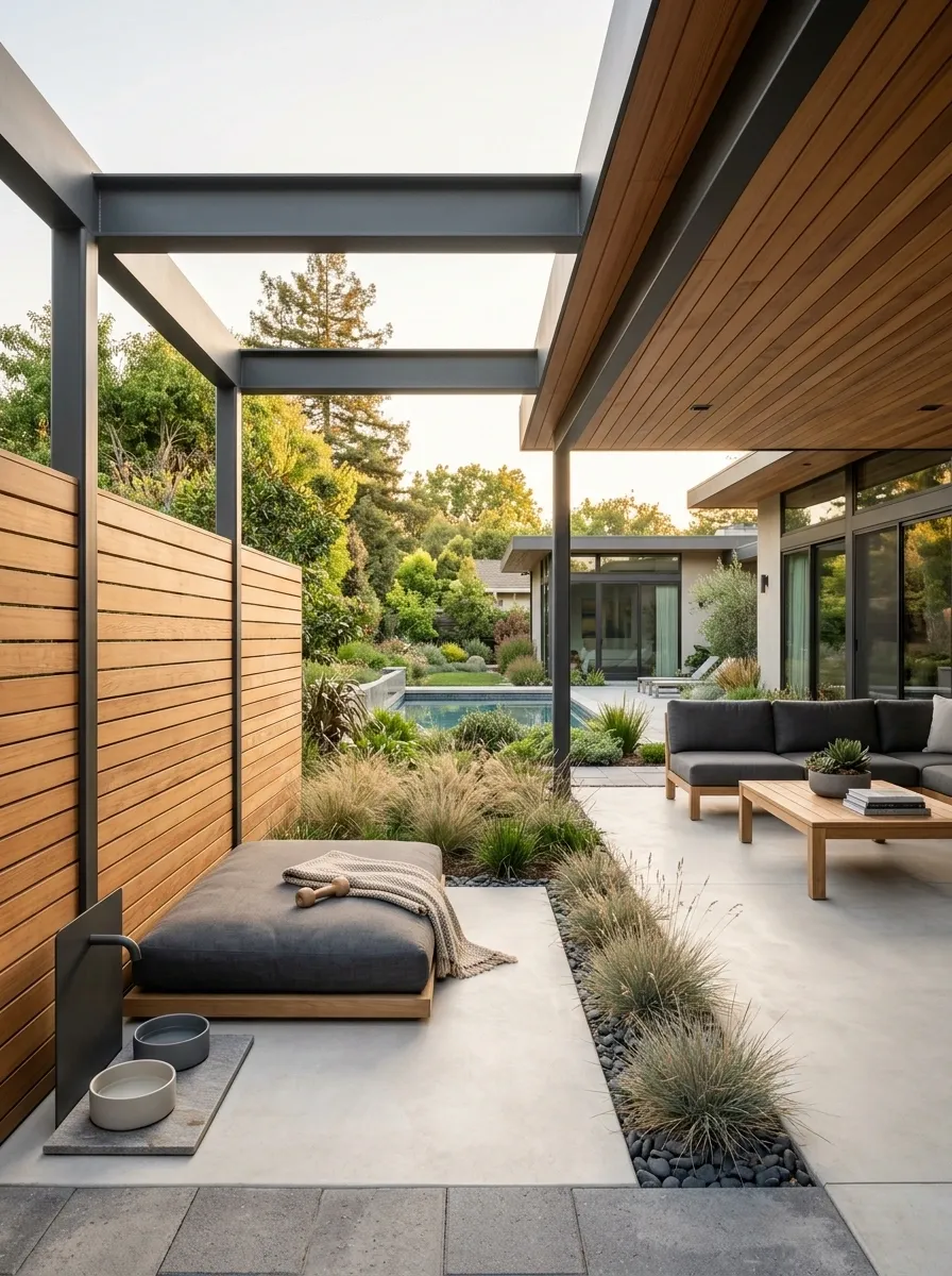 Shaded Modern Dog Lounge Beside a Covered Patio