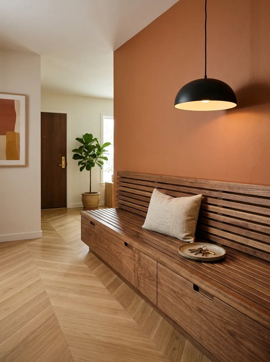 Slat Wood Bench With Drawers