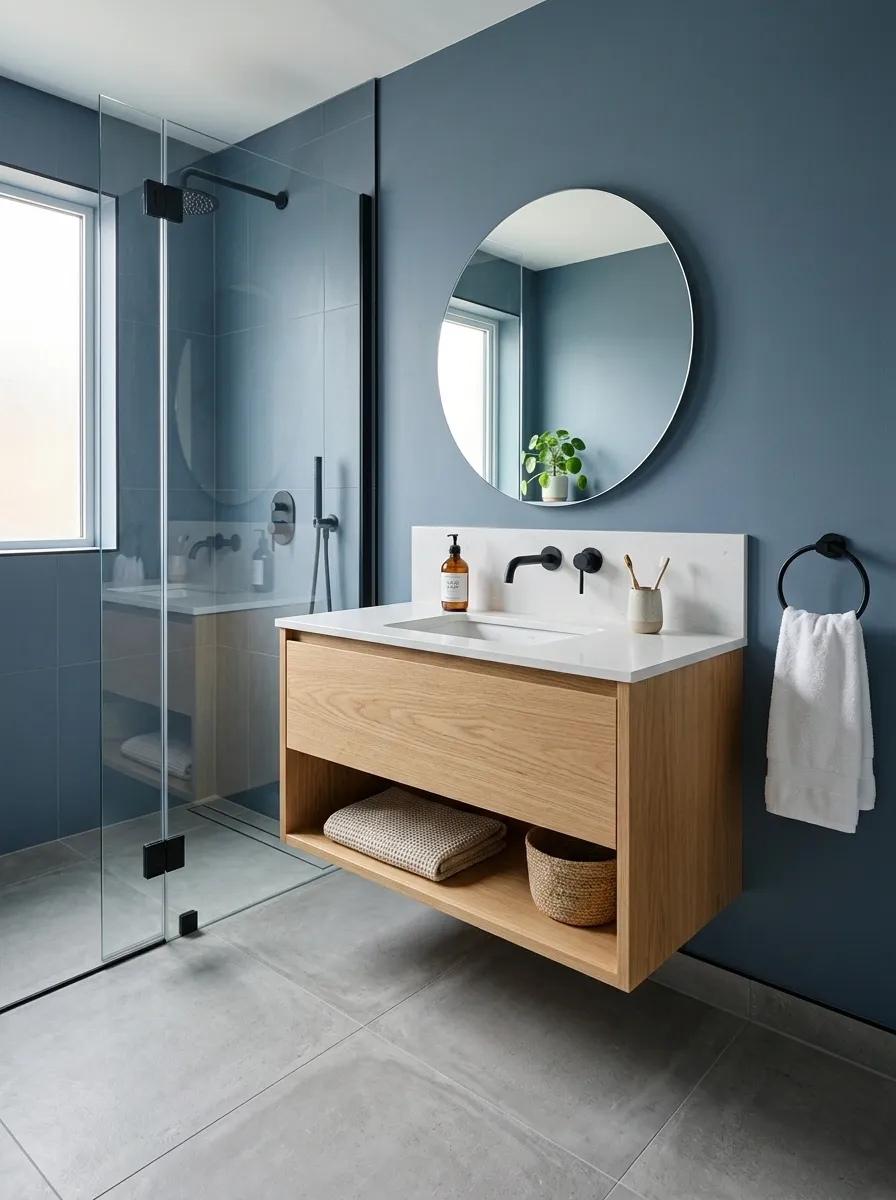 Slate Blue Bathroom With Concrete, Oak, and Matte Black