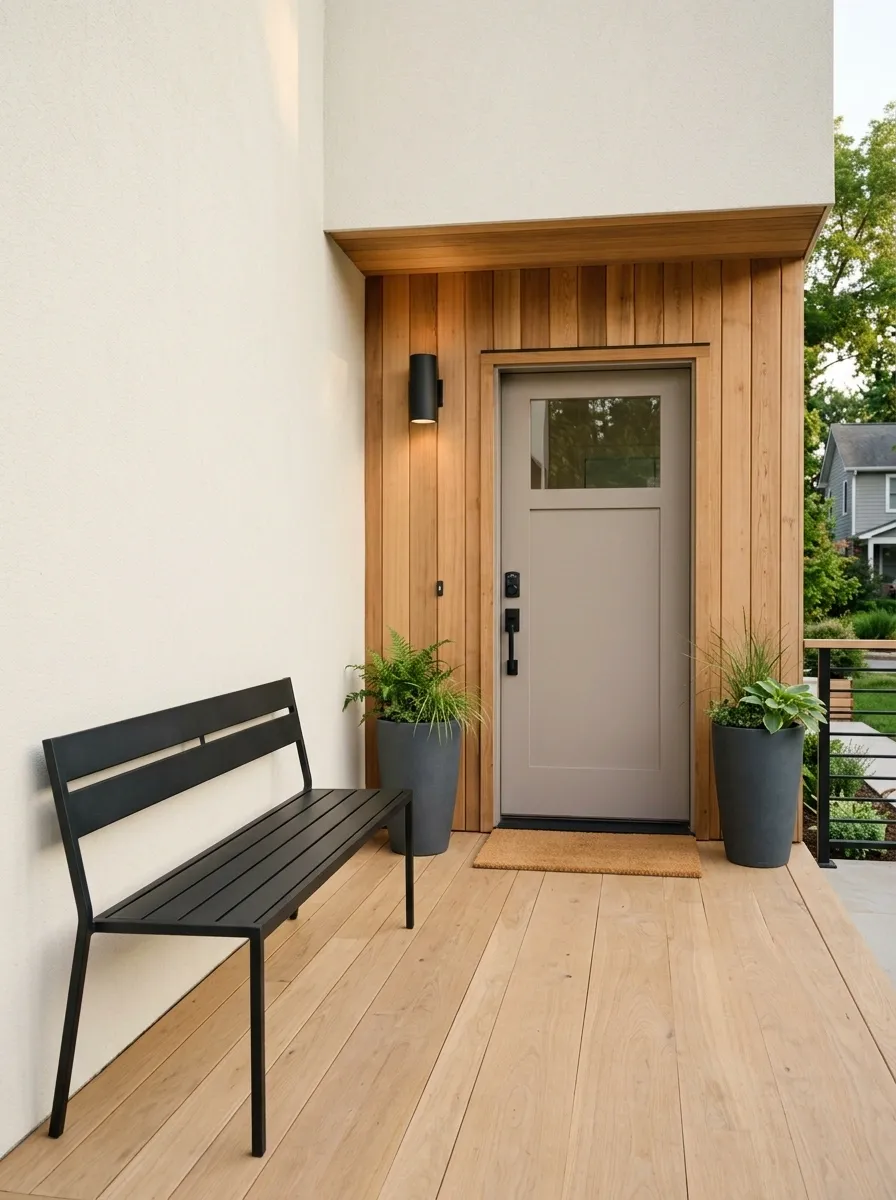 Slim Black Bench With Warm Cedar and a Soft Neutral Door