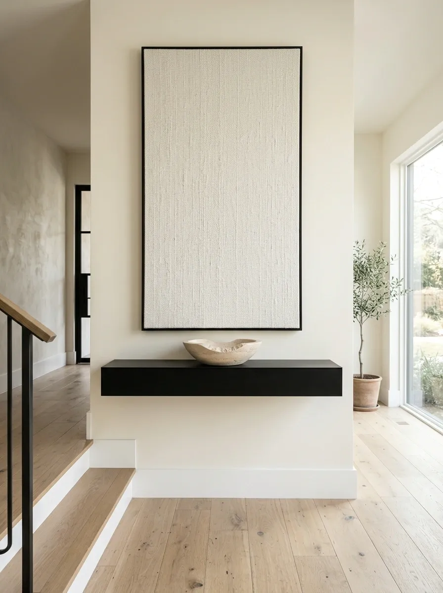 Slim Black Console With Oversized Linen Artwork
