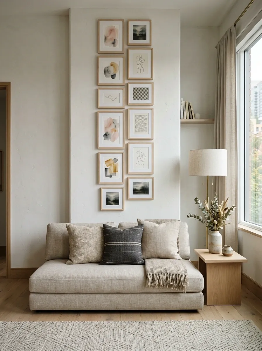 Small Apartment Gallery Wall With a Compact Vertical Layout