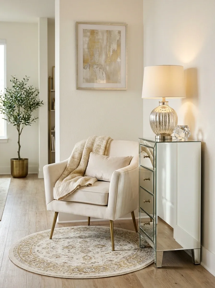 Small Apartment Glam Corner With Compact Sparkling Furniture