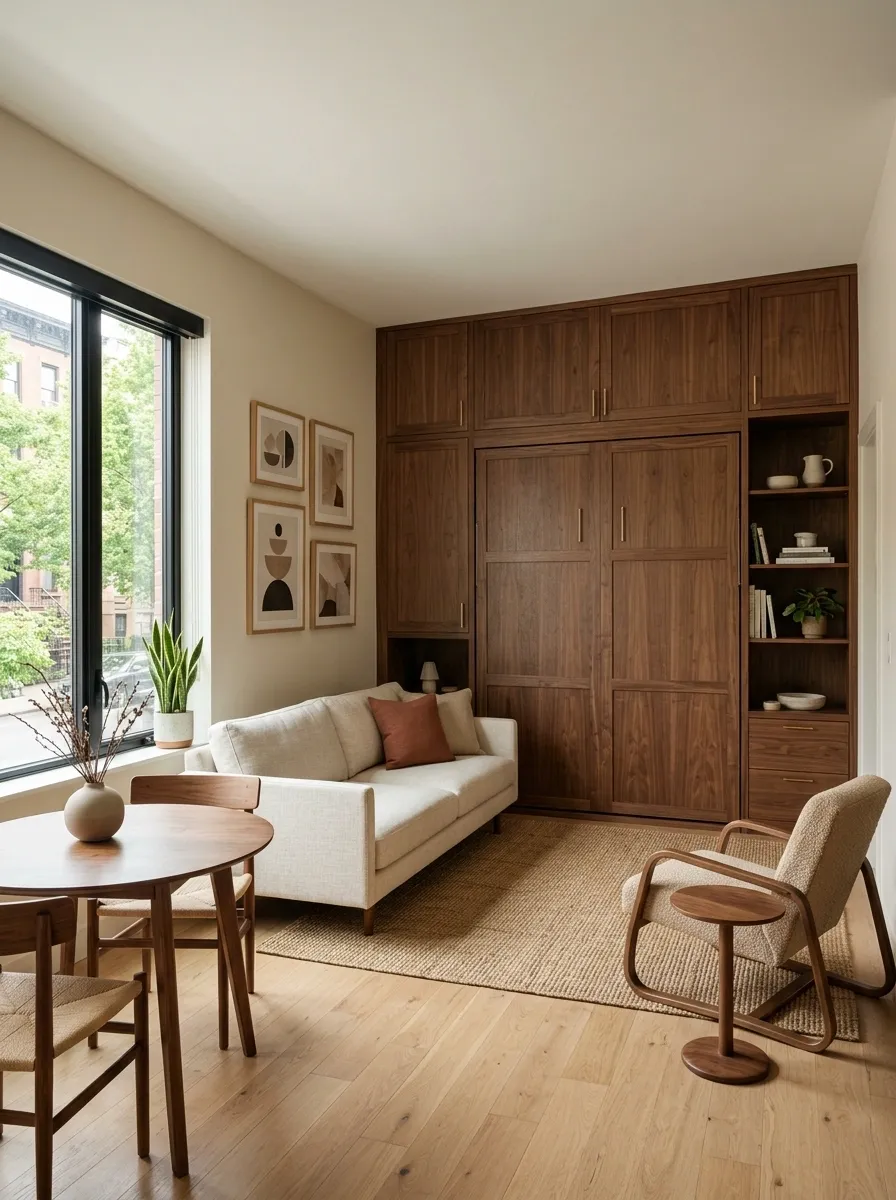 Small Apartment With a Mid-Century Murphy Bed Wall