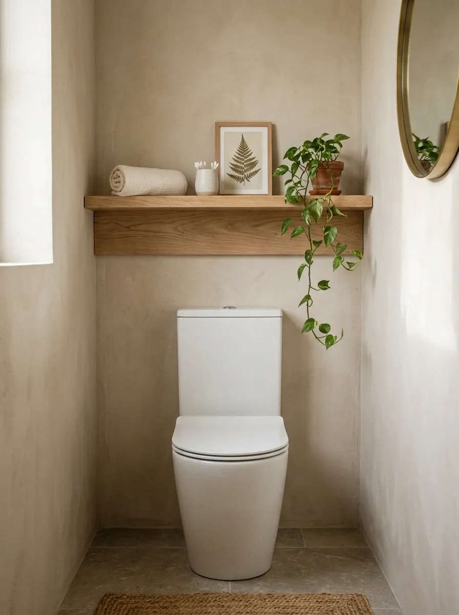 Small Bathroom With a Narrow Shelf Above the Toilet