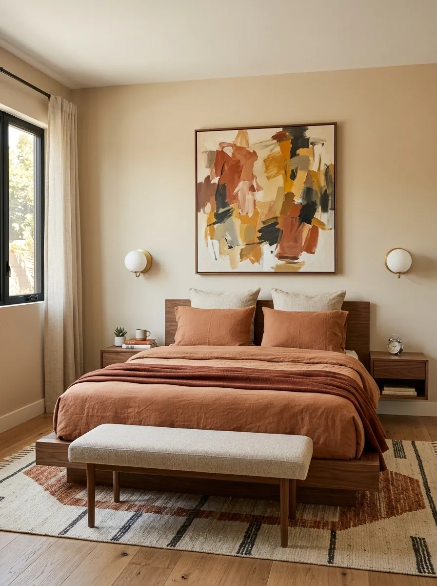 Small Bedroom With a Low Walnut Platform Bed