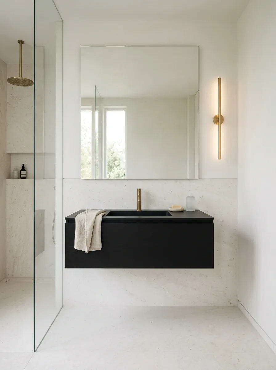 Small Black and Gold Bathroom With Floating Vanity