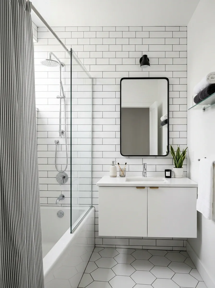 Small Black-and-White Bathroom With Pinstripe Curtain