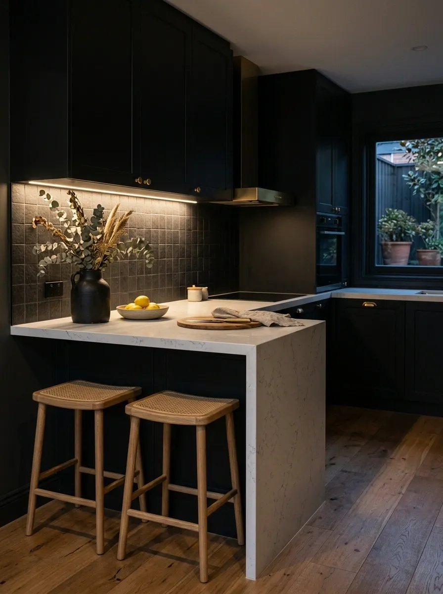 Small Black Kitchen With Warm Under-Counter Lighting