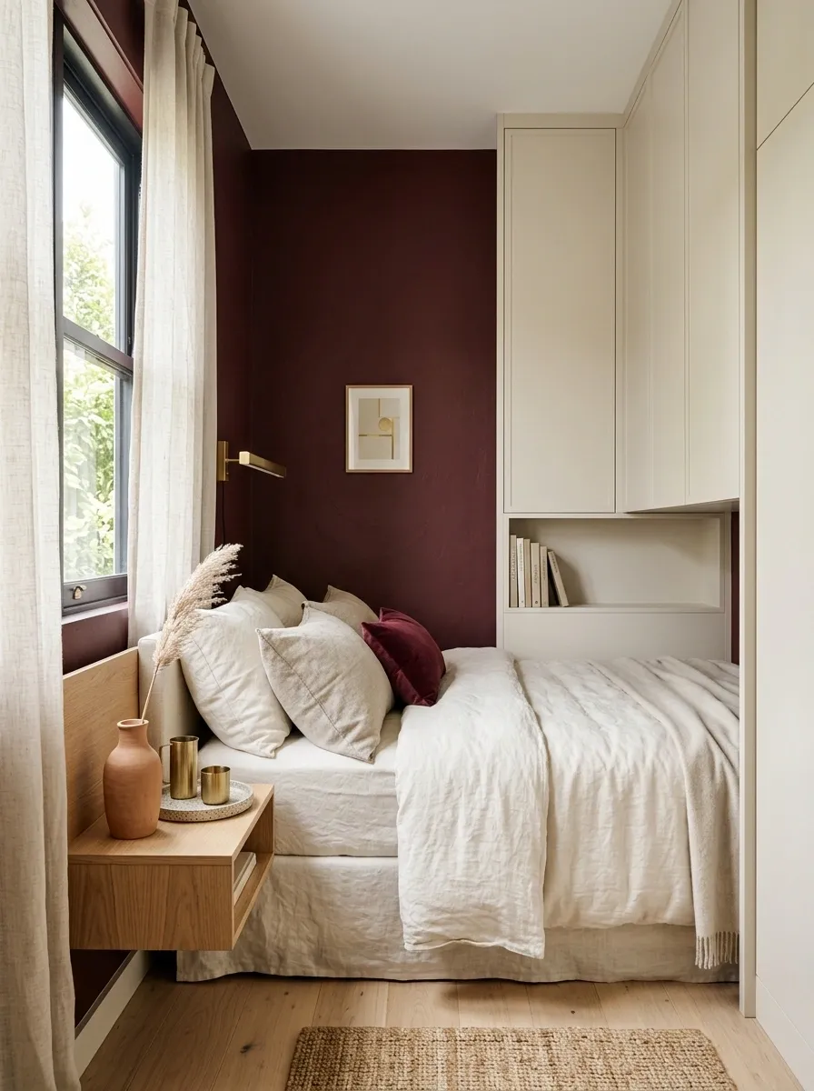 Small Burgundy Bedroom With Tall Built-In Storage