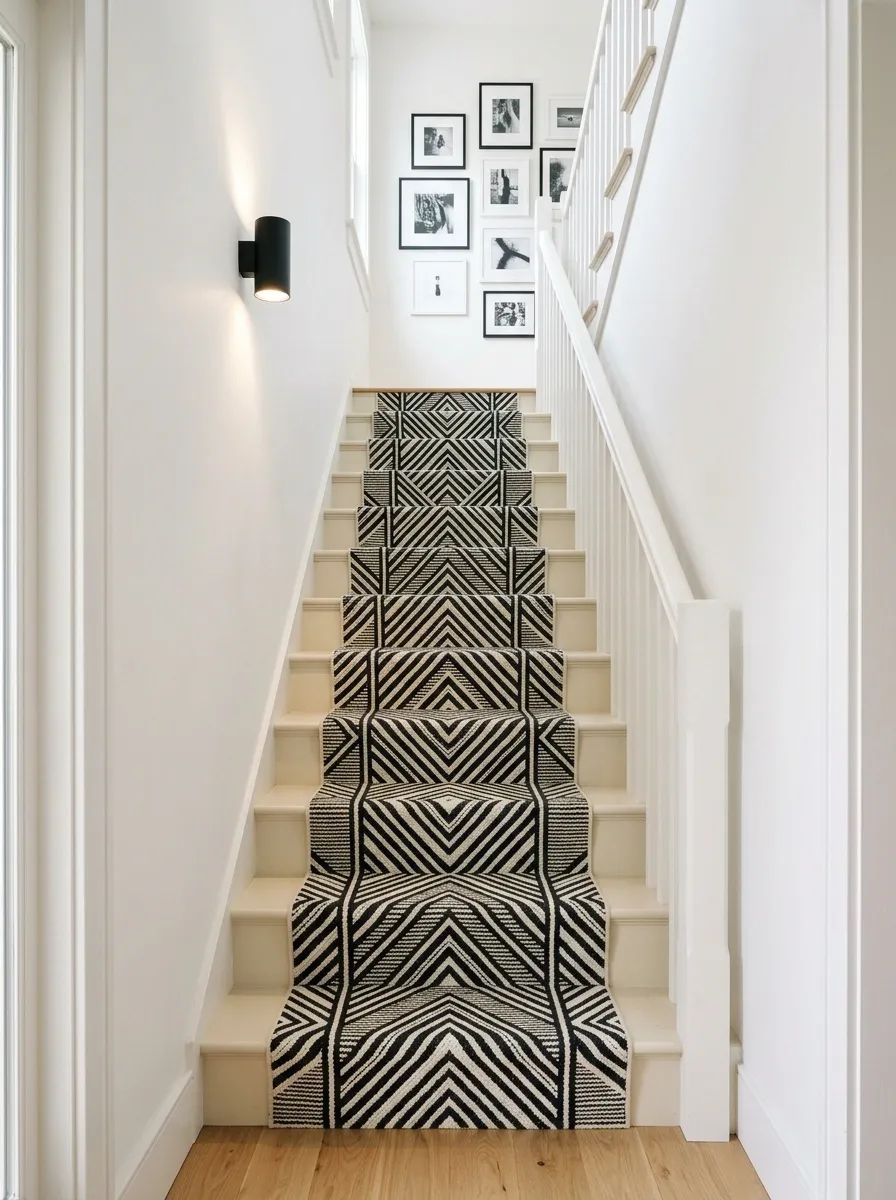 Small Entry Staircase With Light Paint and Graphic Runner