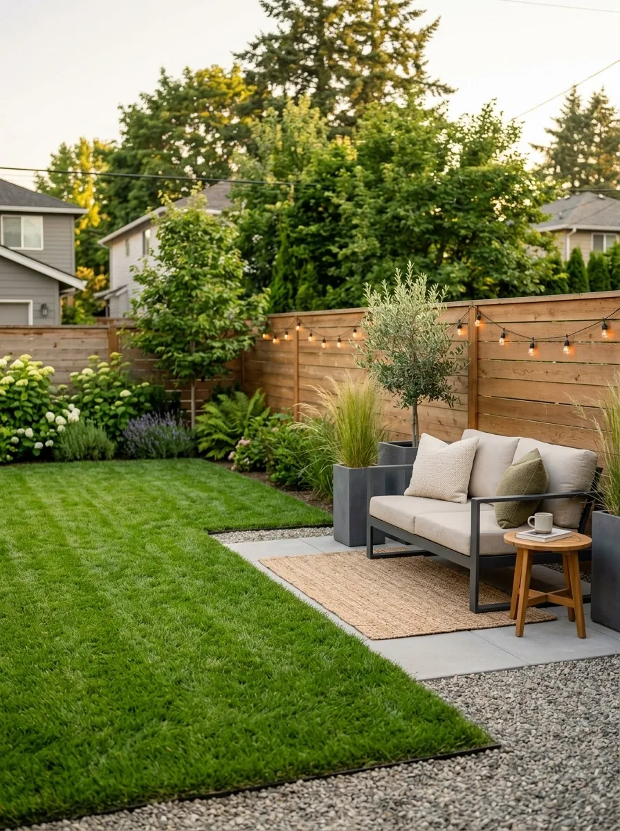 Small Grass Backyard With a Simple Outdoor Lounge
