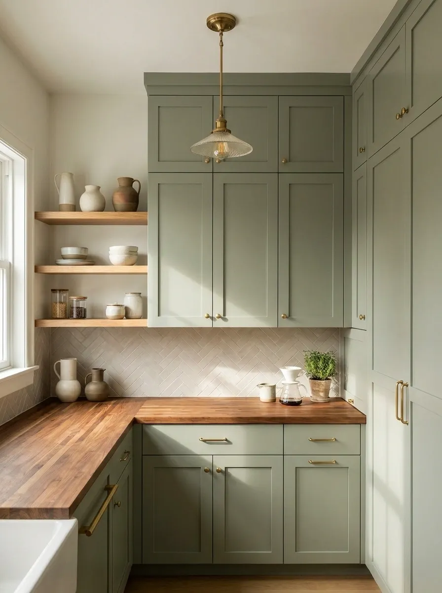 Small Green Kitchen With Warm Brass and Butcher-Block Counter