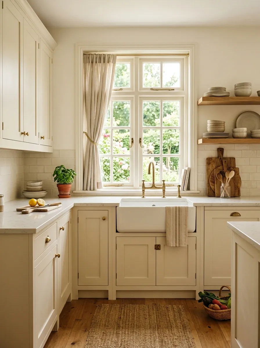 Small Kitchen With a Deep Farmhouse Sink and Paneled Cabinetry