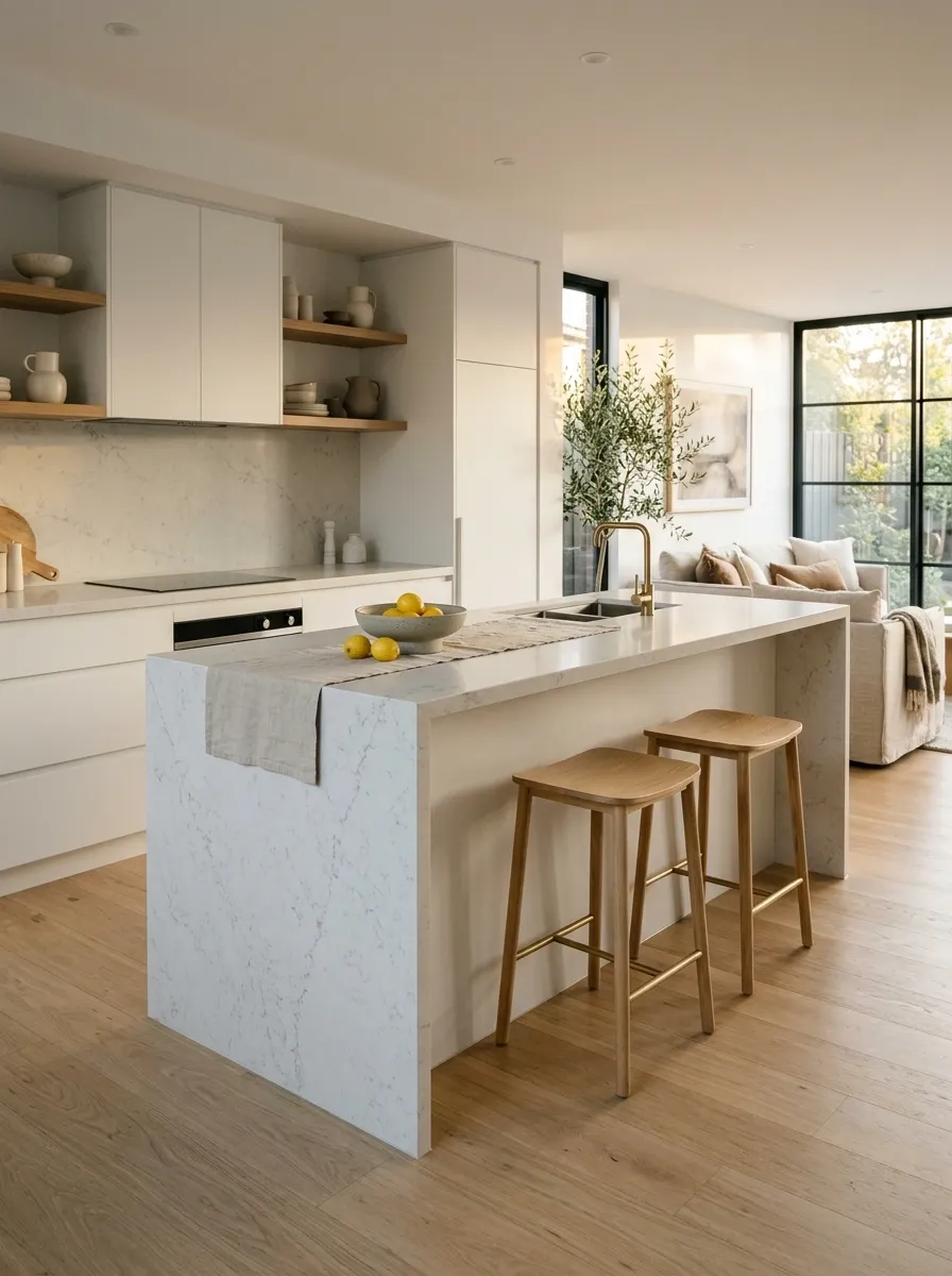 Small Kitchen With a Stone-Wrapped Counter and Open End Panel