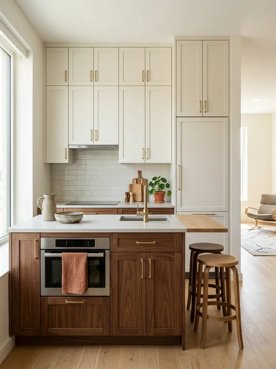 Small Kitchen With Two-Tone Cabinets and a Compact Dining Ledge