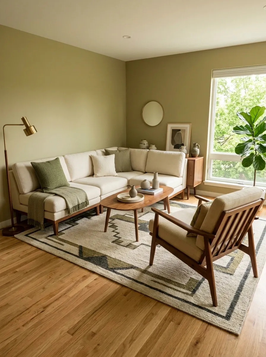 Small Living Room With a Compact Sectional and Vintage Lounge Chair
