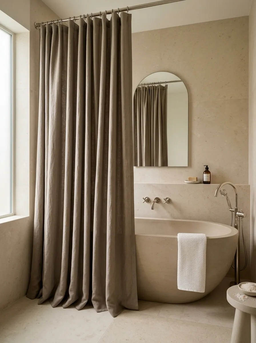 Small Luxury Bathroom With Draped Stone-Colored Curtain