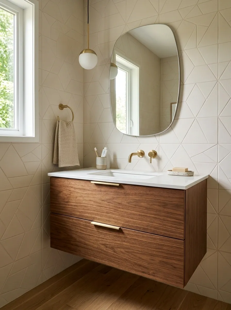 Small Mid-Century Bathroom With Walnut Vanity and Geometric Tile