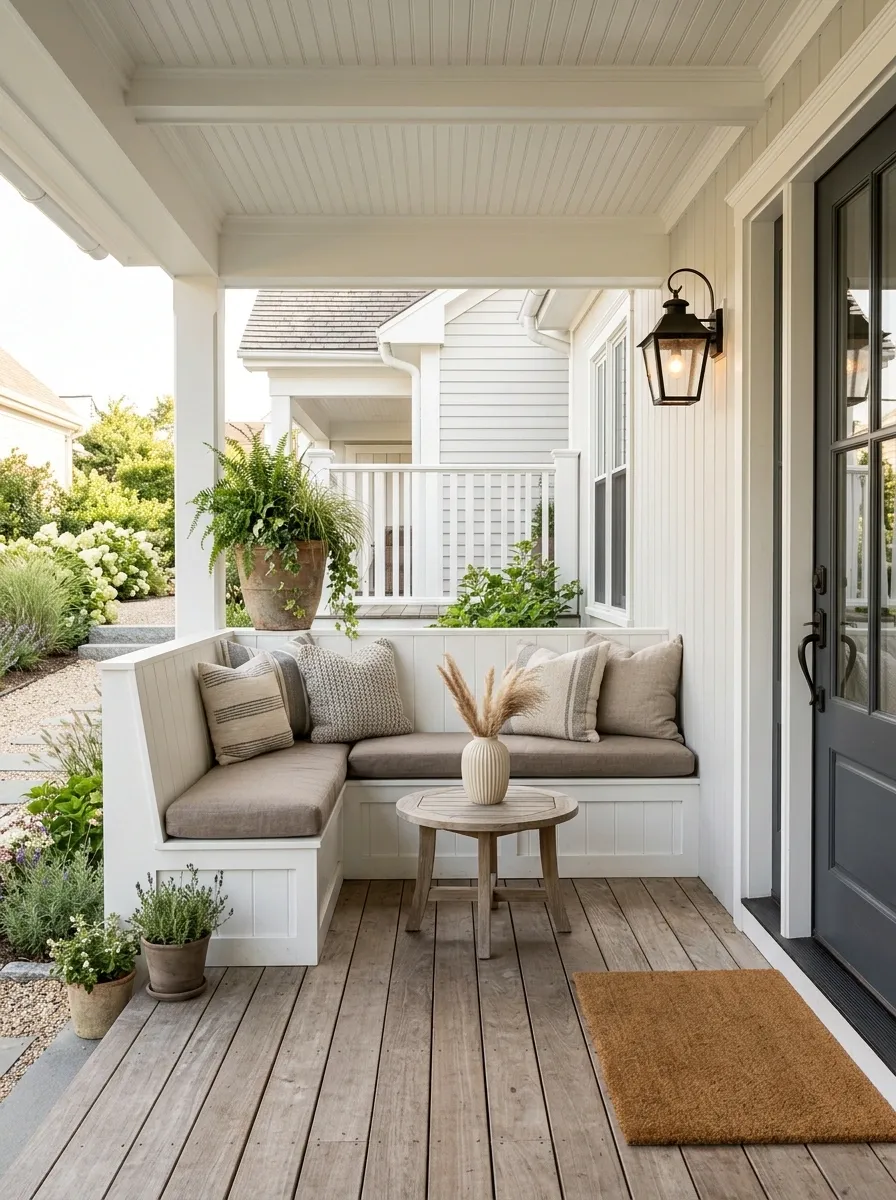 Small Porch With Corner Bench and Round Table