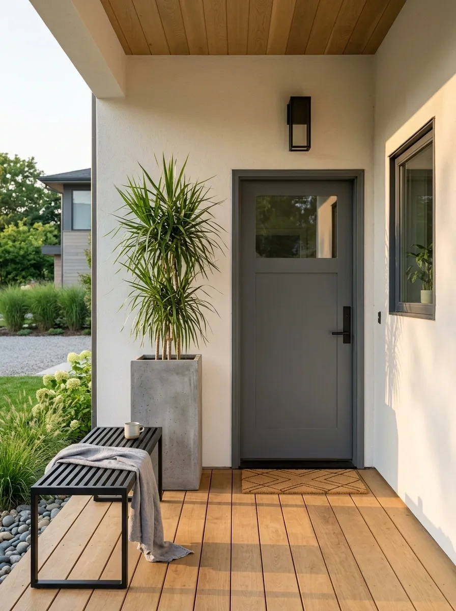 Small Porch With Slim Metal Bench and Oversized Planter