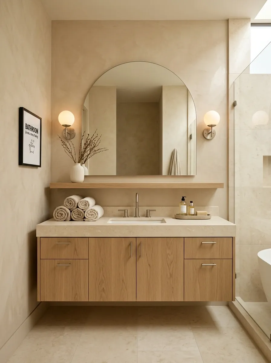 Soft Beige Bathroom With Quietly Absurd Artwork