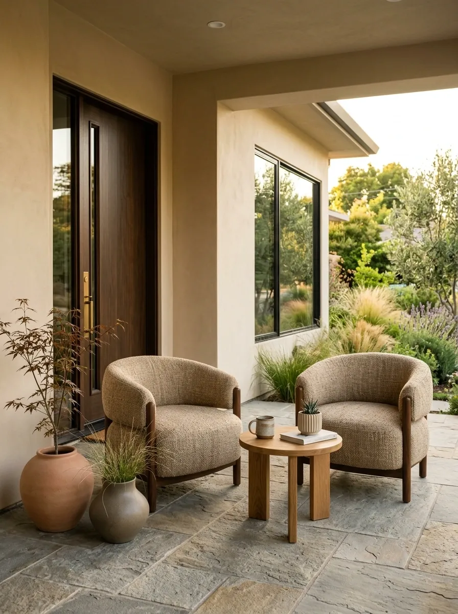 Soft Beige Porch With Rounded Lounge Chairs