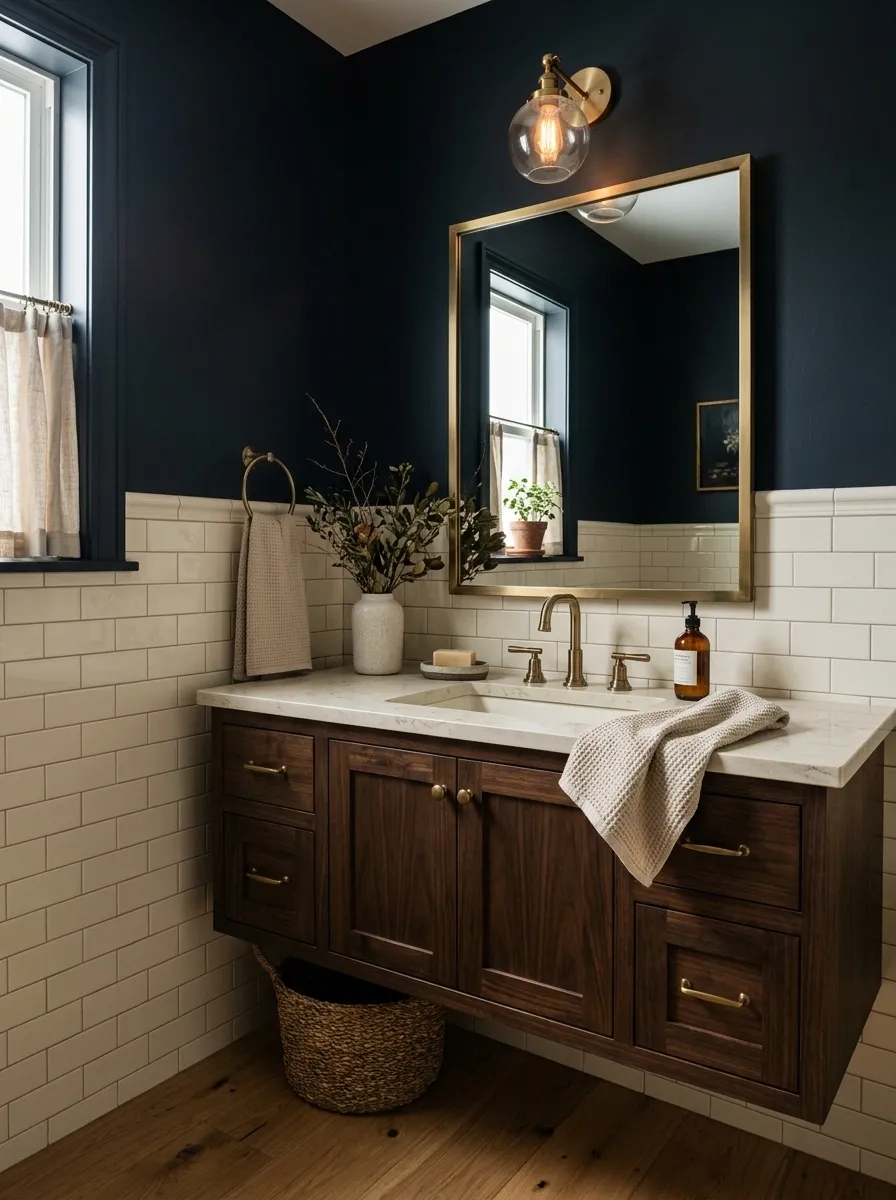 Soft Black-Blue Bathroom With Cream Subway Tile