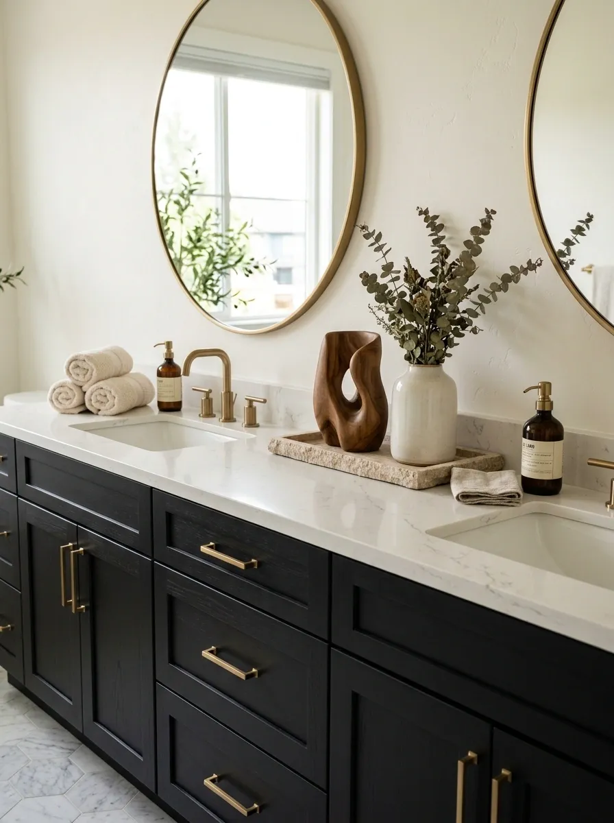 Soft Black Vanity With Veined Quartz and Cream Textiles