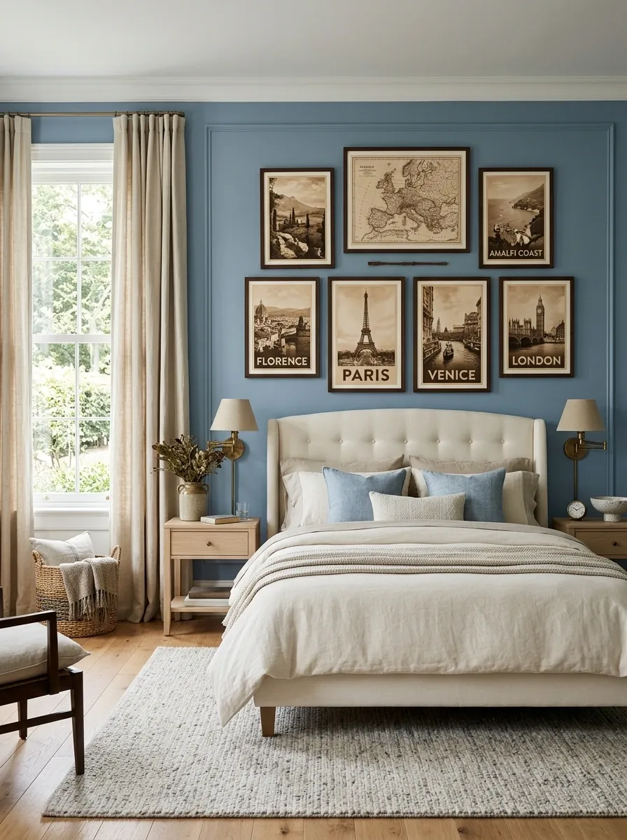 Soft Blue Bedroom With Sepia Travel Posters