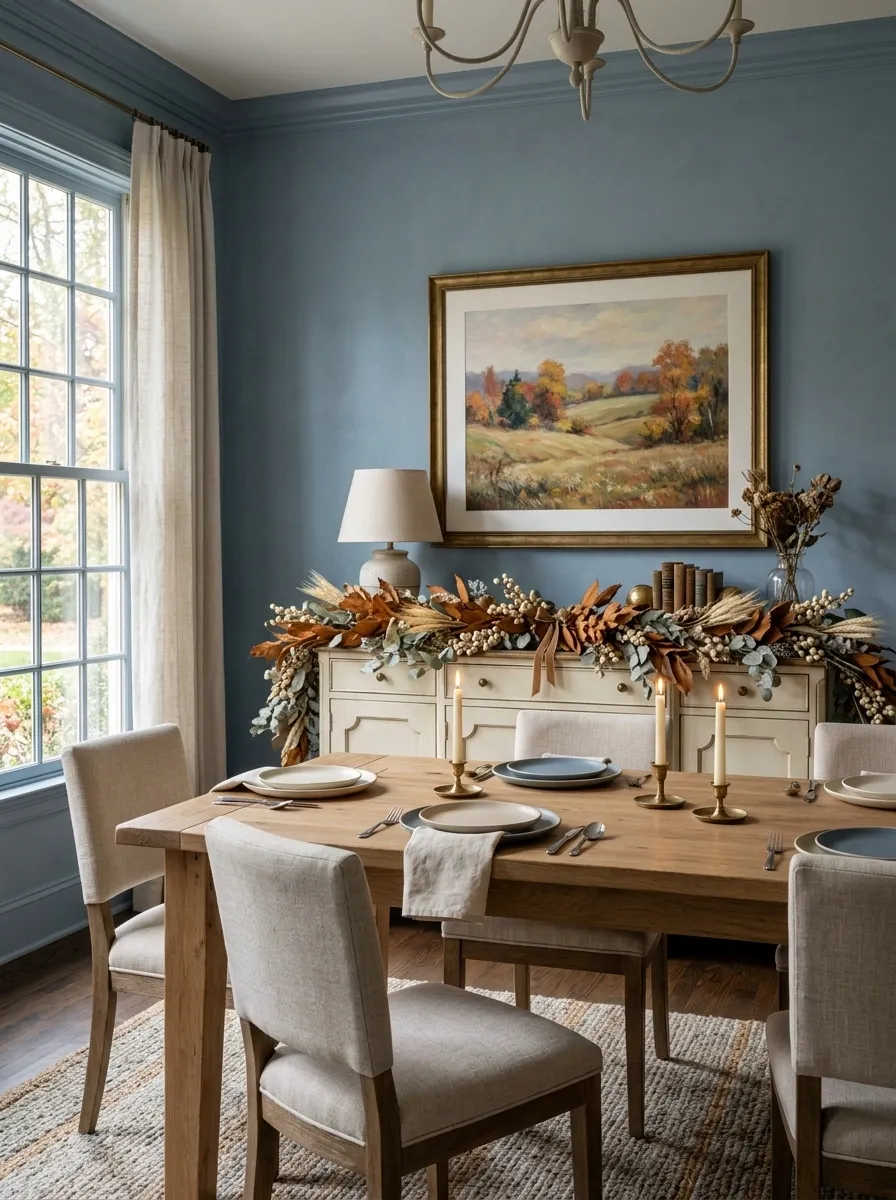 Soft Blue Dining Room With Cinnamon and Cream Garland