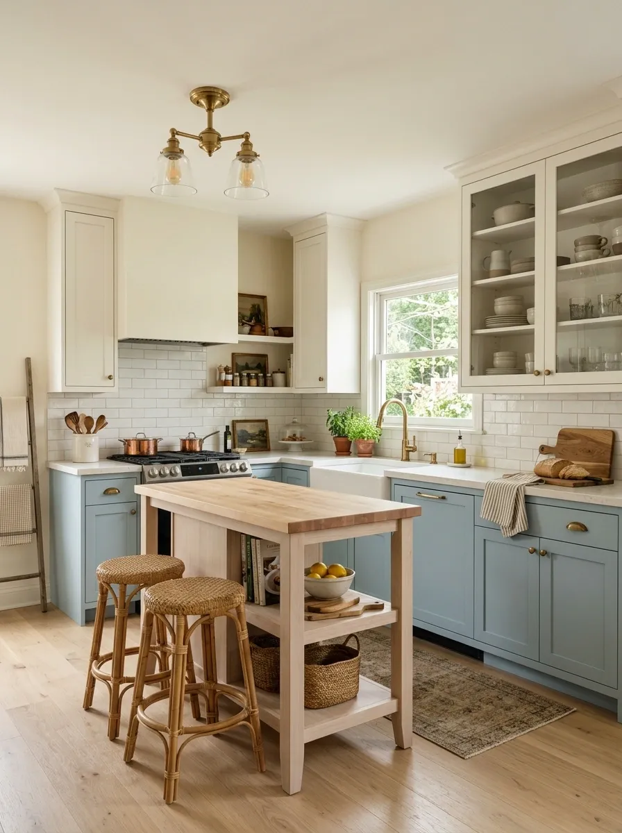 Soft Blue Kitchen With Cream Walls and Pale Oak
