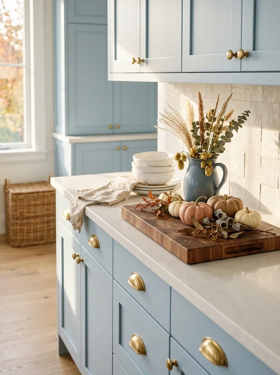 Soft Blue Kitchen With Dusty Pumpkin Tones