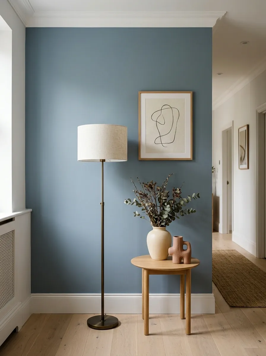 Soft Blue Wall With a Tall Linen-Shaded Lamp