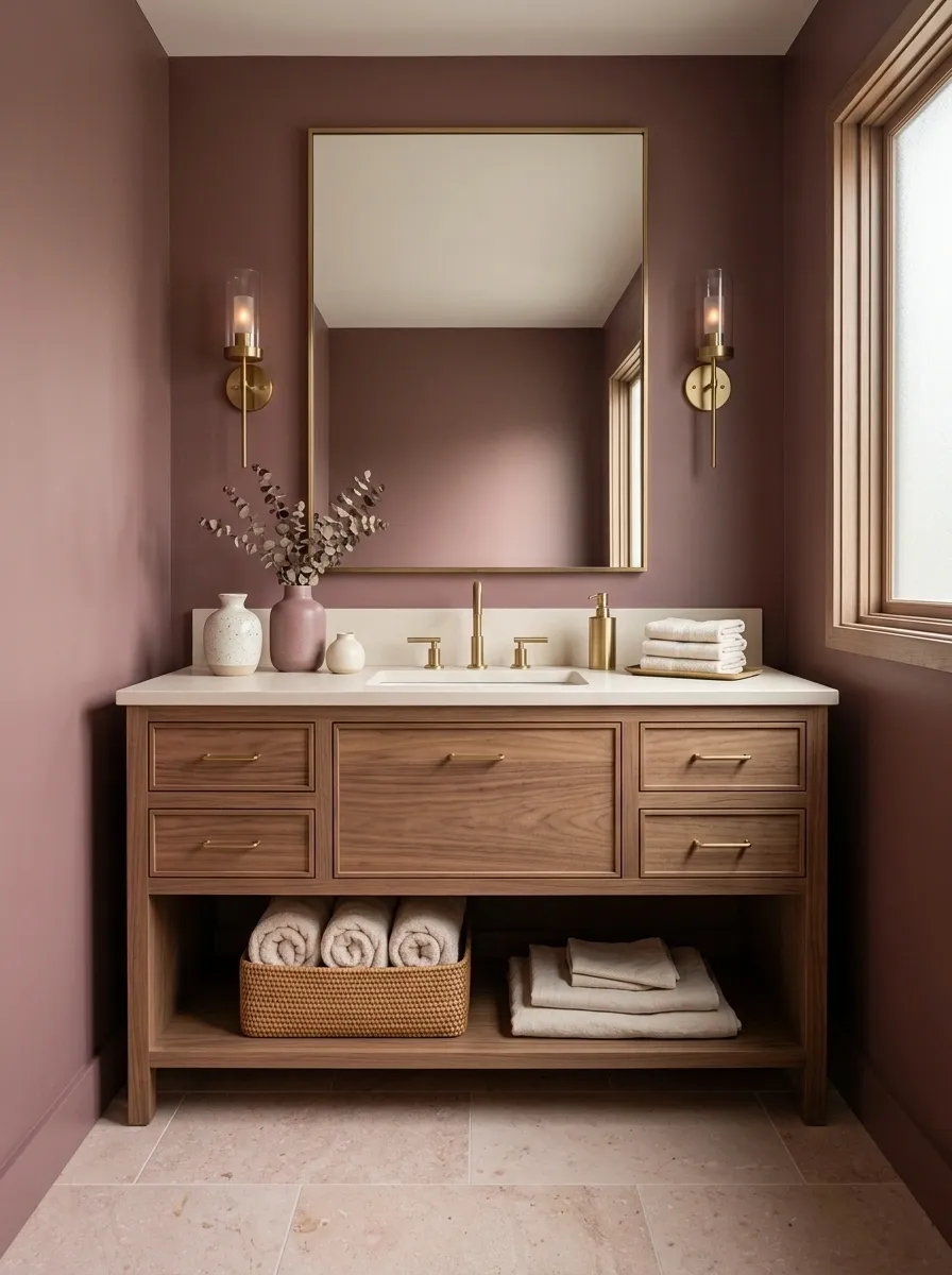 Soft Burgundy Bathroom With Blush Limestone