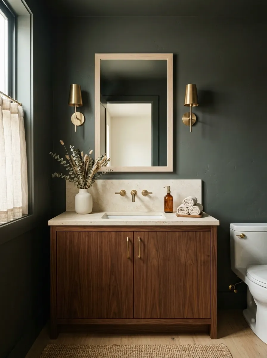 Soft Charcoal Green Bathroom With Cream and Walnut