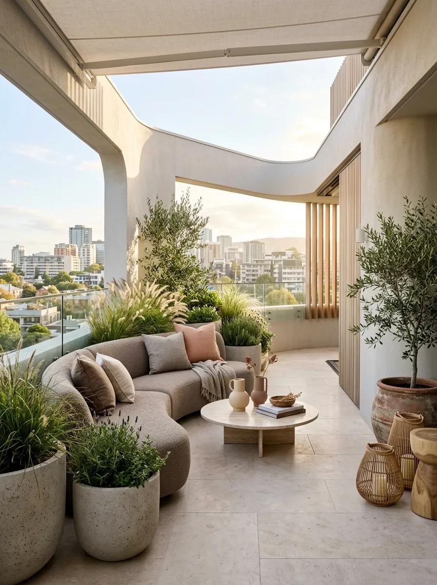 Soft Contemporary Rooftop With Curved Furniture and Rounded Planters