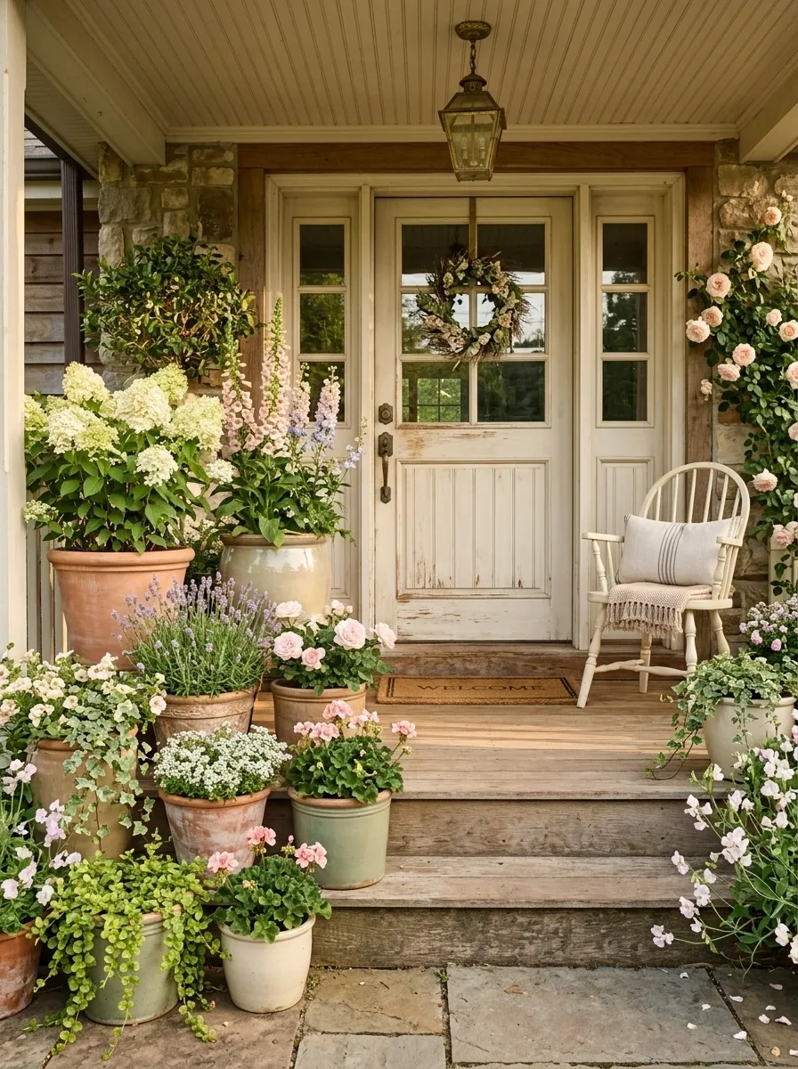 Soft Cottage Porch With Mismatched Flower Pots