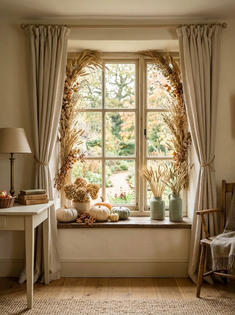 Soft Country Window With Dried Wheat and Linen